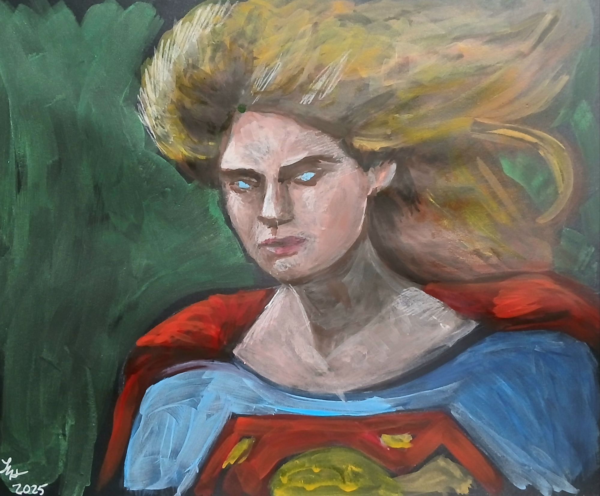 A gouache portrait of Supergirl from the 1983 movie, painted on black mixed media paper with strong contrast and vivid color.