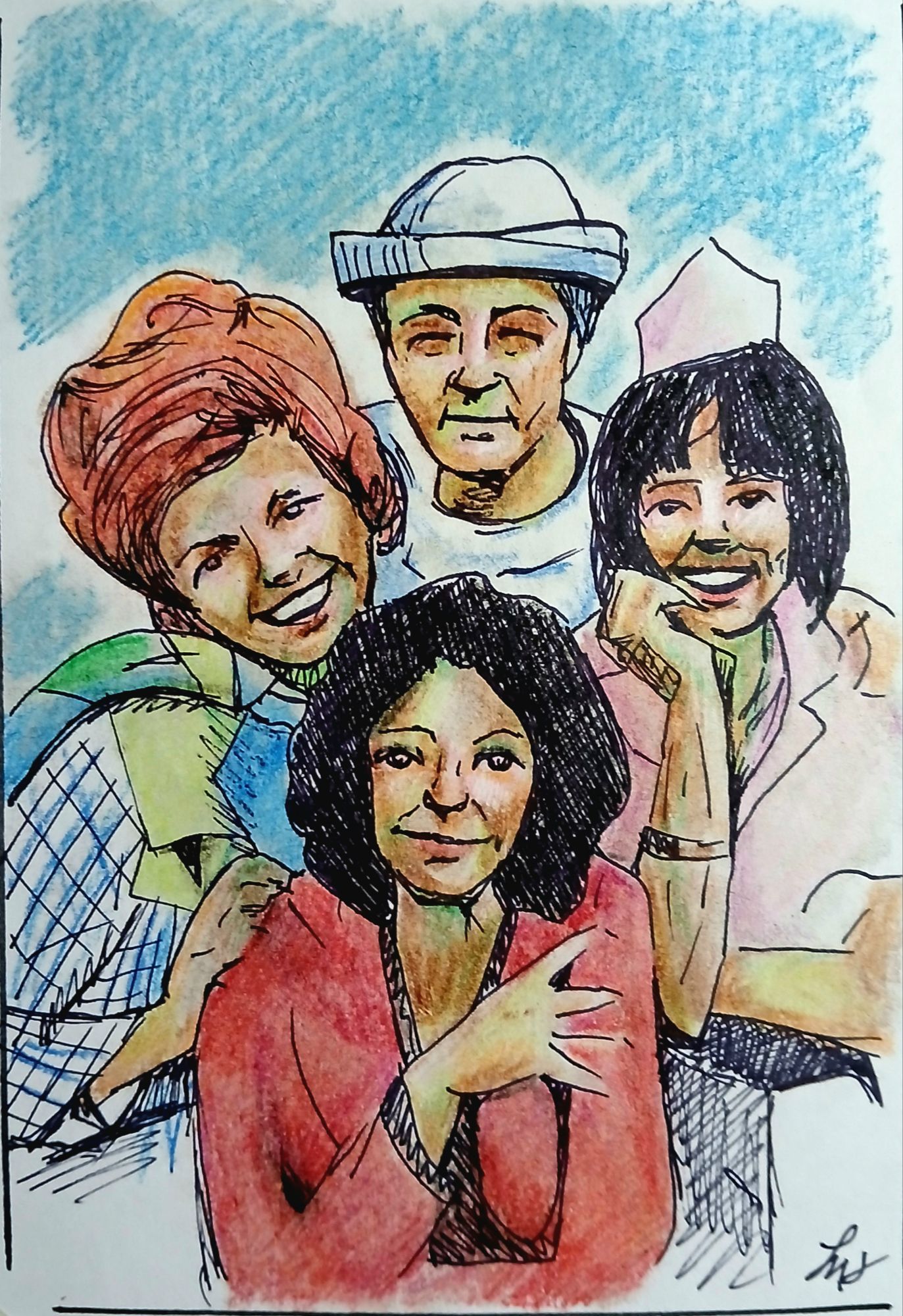 A hand‑drawn group portrait of the “Alice” TV show cast, inked and colored with crayons.