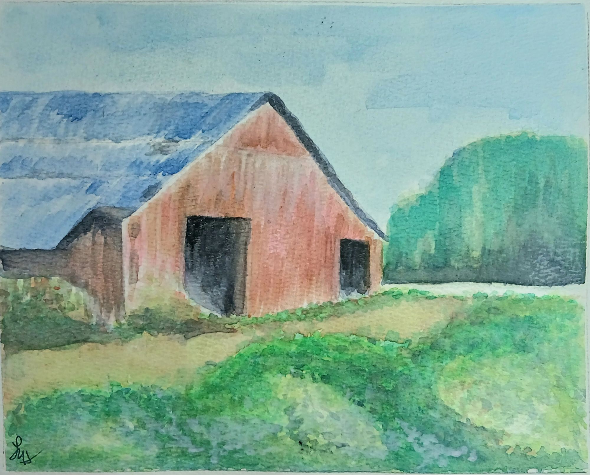 A hand‑painted watercolor depiction of a barn with natural color and soft washes.