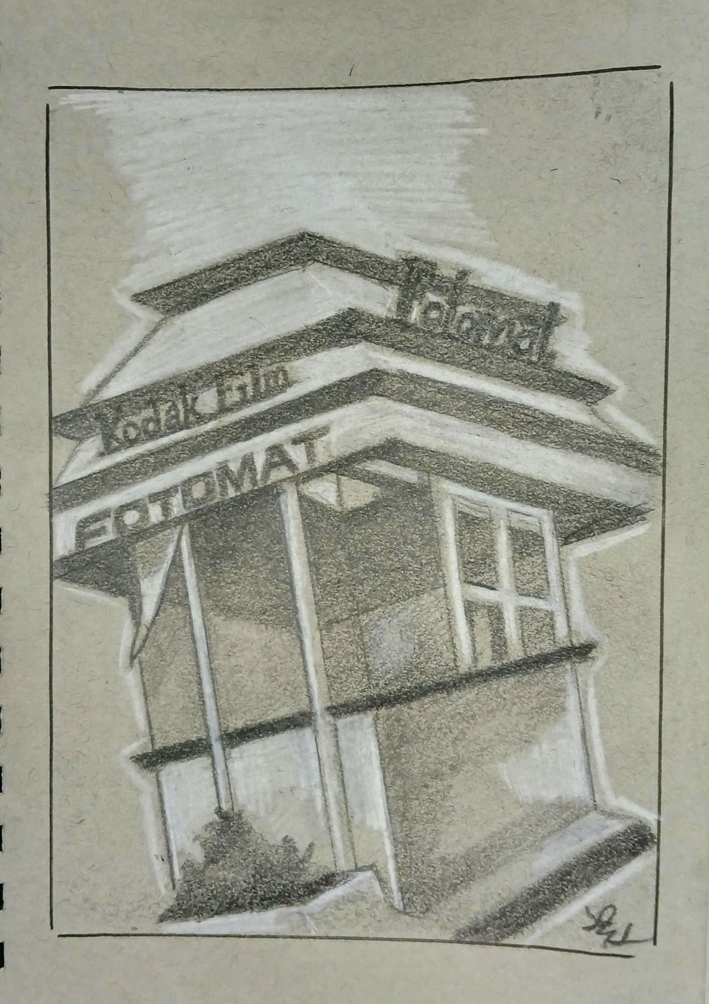 A black‑and‑white graphite drawing of a Kodak Fotomat on toned gray paper.