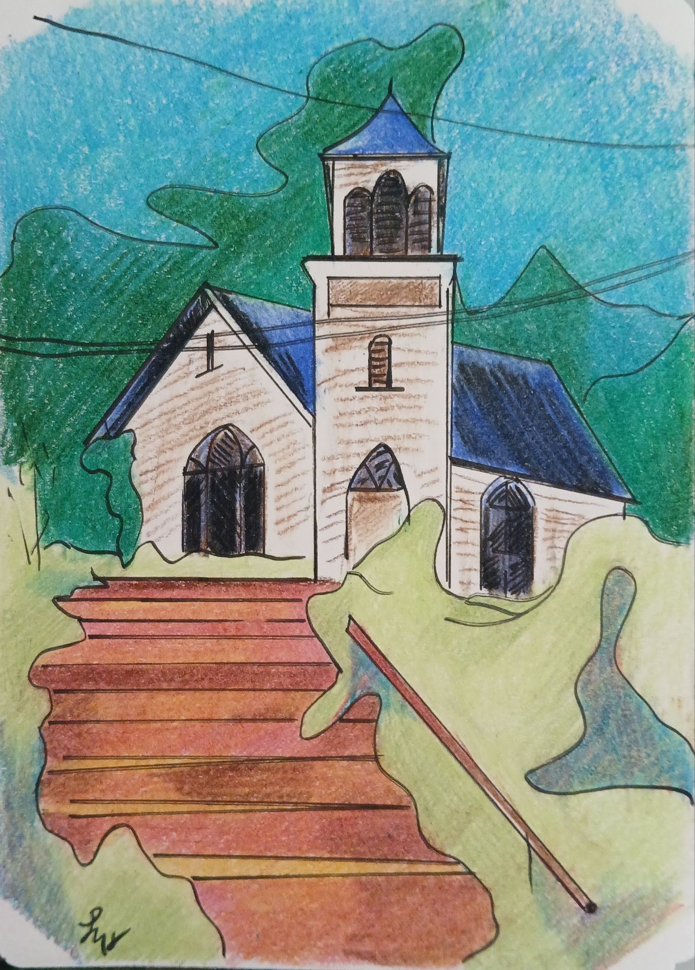 A hand‑drawn color‑pencil illustration of a church featuring an upward staircase rising toward the front doors.