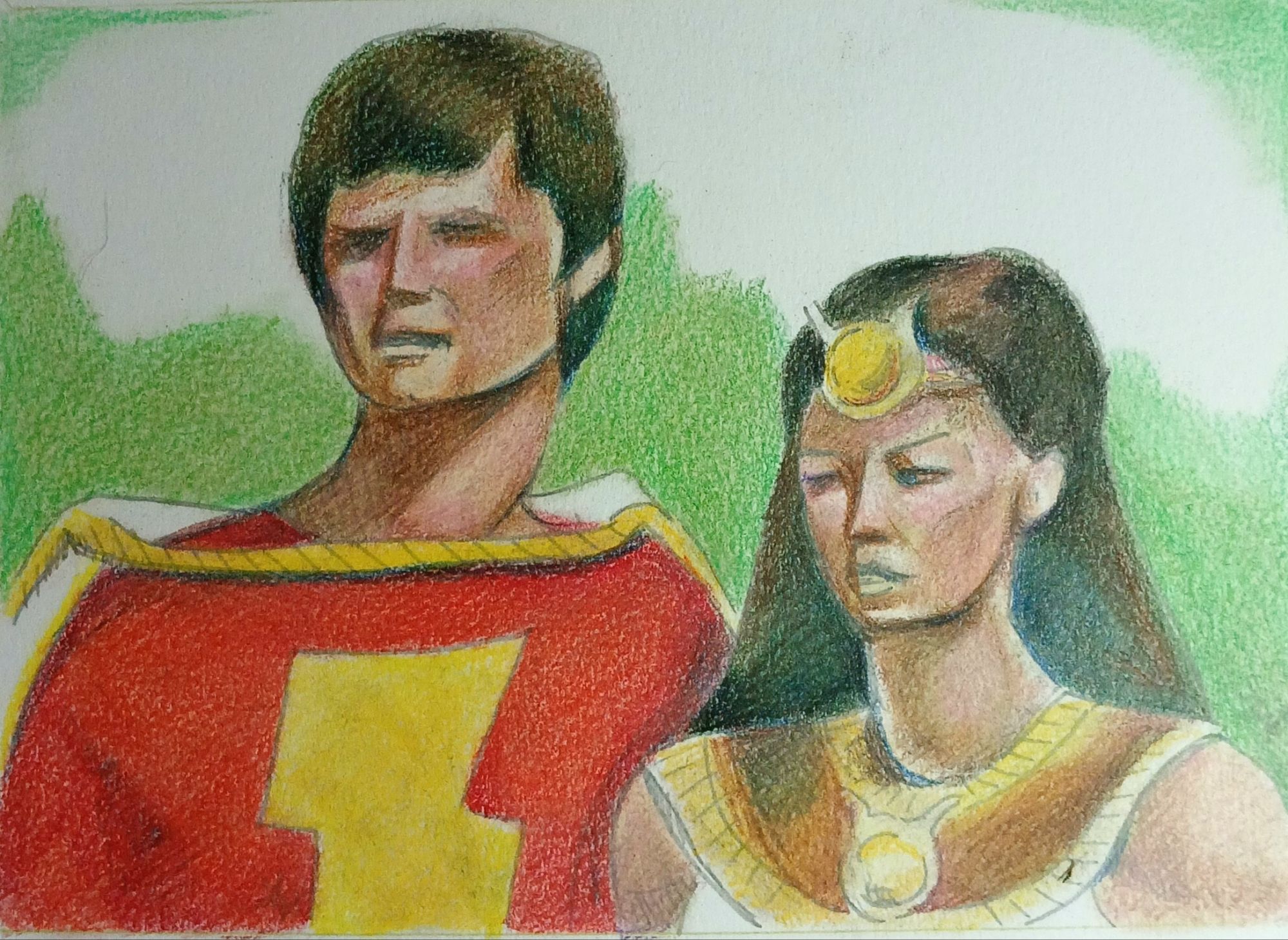 A hand‑drawn colored‑pencil portrait of Shazam and Isis inspired by their 1975 crossover appearance.