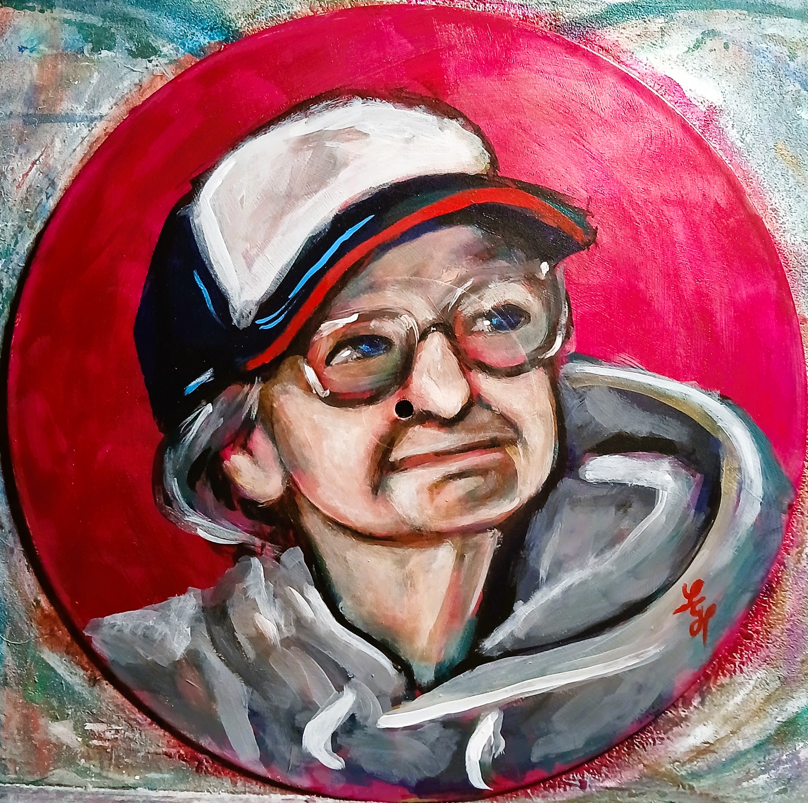 A hand‑painted portrait of “Granny” on a vinyl record, wearing a baseball hat and grey hoodie, set against a metallic red‑gold background.