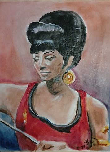 A watercolor portrait of Uhura from Star Trek in her Mirror Universe pose, painted with strong contrast and expressive detail.